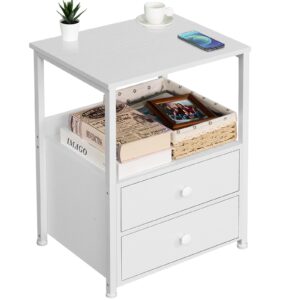 lerliuo nightstand, industrial bed side table with 2 drawers storage open shelf, sturdy end table with steel frame, night stand for bedroom, living room, elegant white