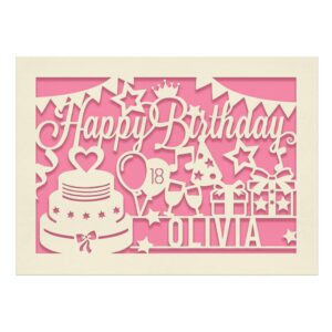 edsg personalized birthday card laser paper cut greeting cards with envelope, any age, any name, any occasion, pink