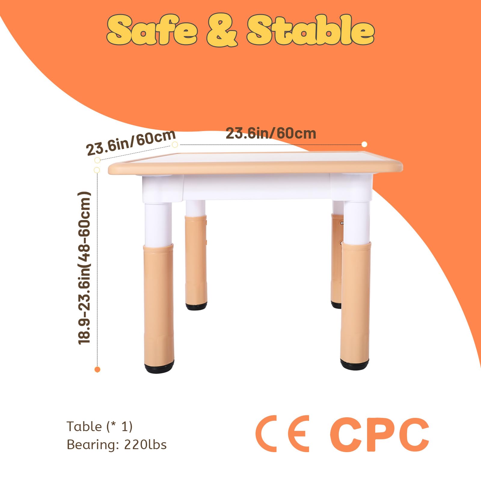 FUNLIO Adjustable Kids Table, 3 Level Height Adjustable Toddler Table for Ages 3-8, Easy to Wipe Arts & Crafts Child Table, for Classrooms/Daycares/Homes, CPC & CE Approved, 23.6 x 23.6inch - Natural