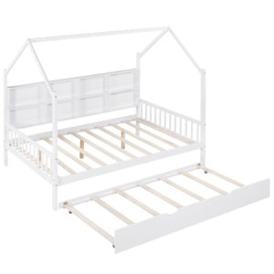 Full Kids Bed House Bed with Trundle, Kids Full Size Platform Bed Frame with Storage Shelves and Roof, Montessori Bed, Tent Bed, Wood Playhouse Bed Full for Kids Teens Girls & Boys (Full, White)