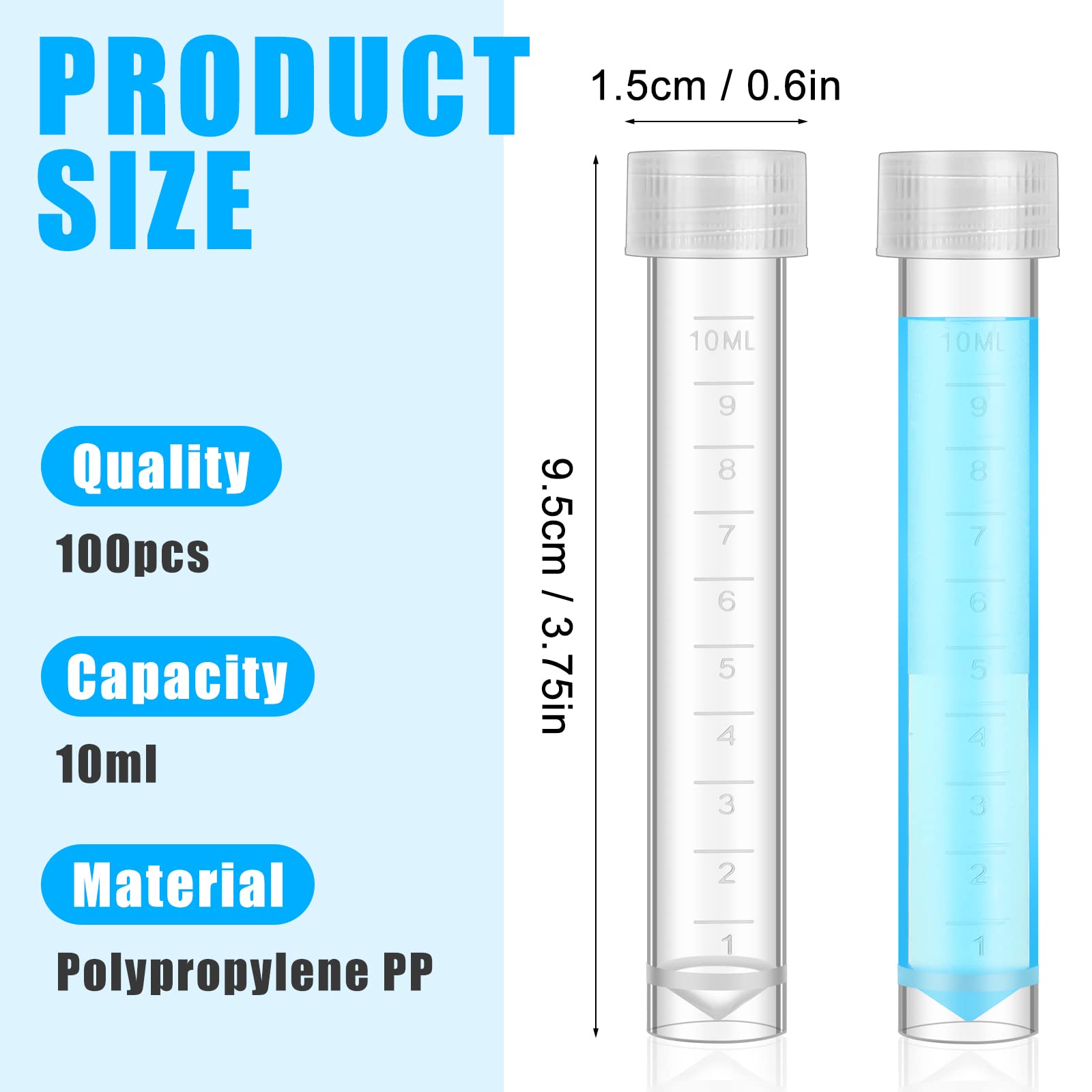 Kanayu 100 Pcs 10ml Plastic Test Tubes with Lids Vial Seal Cap Container Small Storage Tubes with Caps Clear Test Lab Tubes with Silicone Sealing Ring for Science Experiments Sample Water Liquid