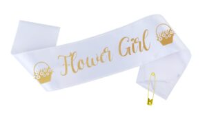 flower girl sash - cute white & gold girls sash for wedding | fits ages 1 to 10 years old | bridal shower party proposal bridesmaids set decorations supplies favors gifts accessories gift favor decor