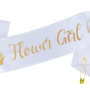 Flower Girl Sash - Cute White & Gold Girls sash for Wedding | Fits ages 1 to 10 years old | Bridal Shower Party Proposal Bridesmaids Set Decorations Supplies Favors Gifts Accessories Gift Favor Decor