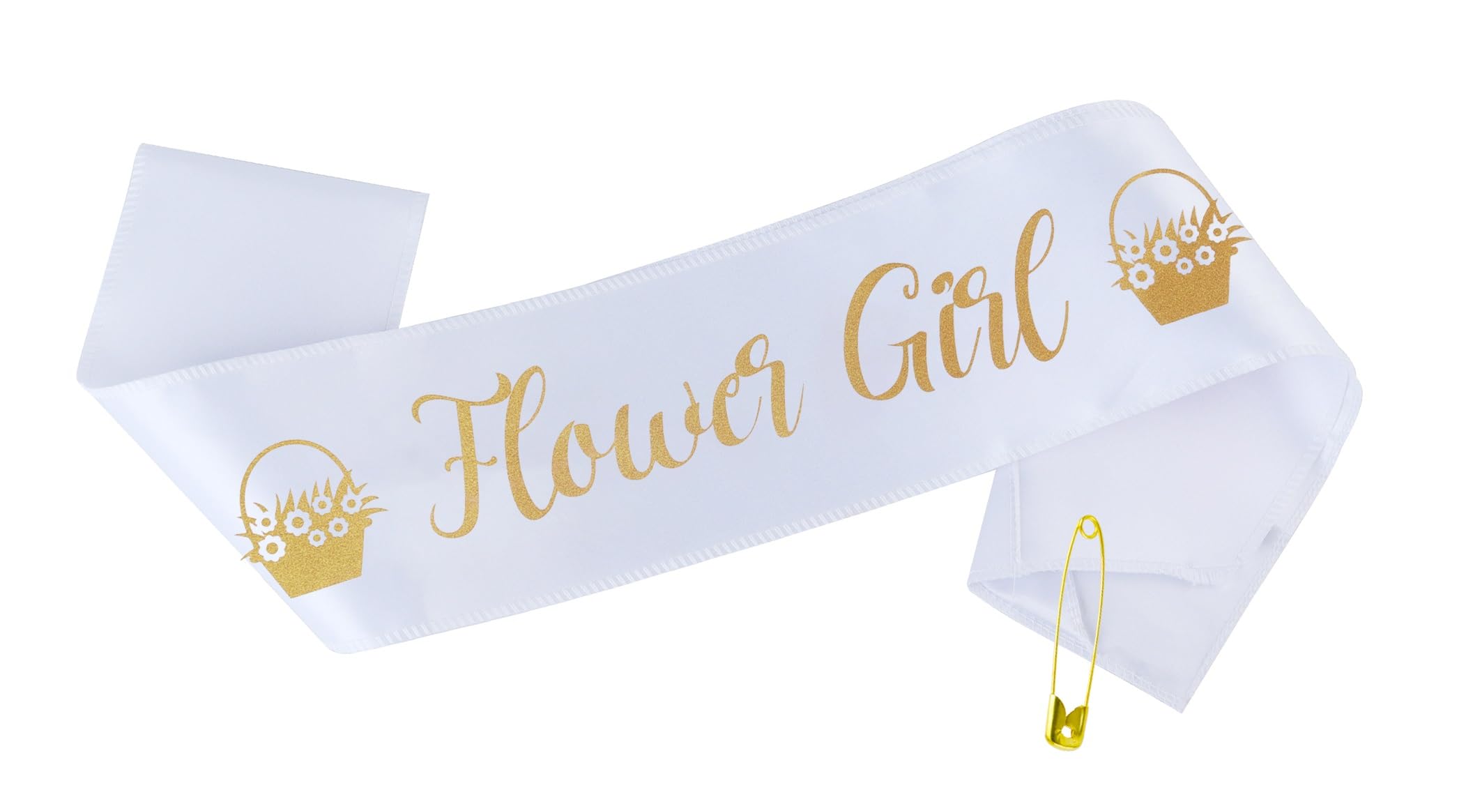 Flower Girl Sash - Cute White & Gold Girls sash for Wedding | Fits ages 1 to 10 years old | Bridal Shower Party Proposal Bridesmaids Set Decorations Supplies Favors Gifts Accessories Gift Favor Decor