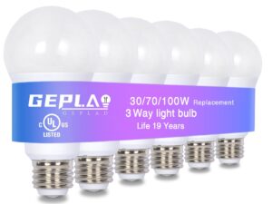 geplad ul listed 6-pack 3 way light bulbs 30 70 100w soft white 3000k equivalent,a19 three way light bulb with e26 medium base