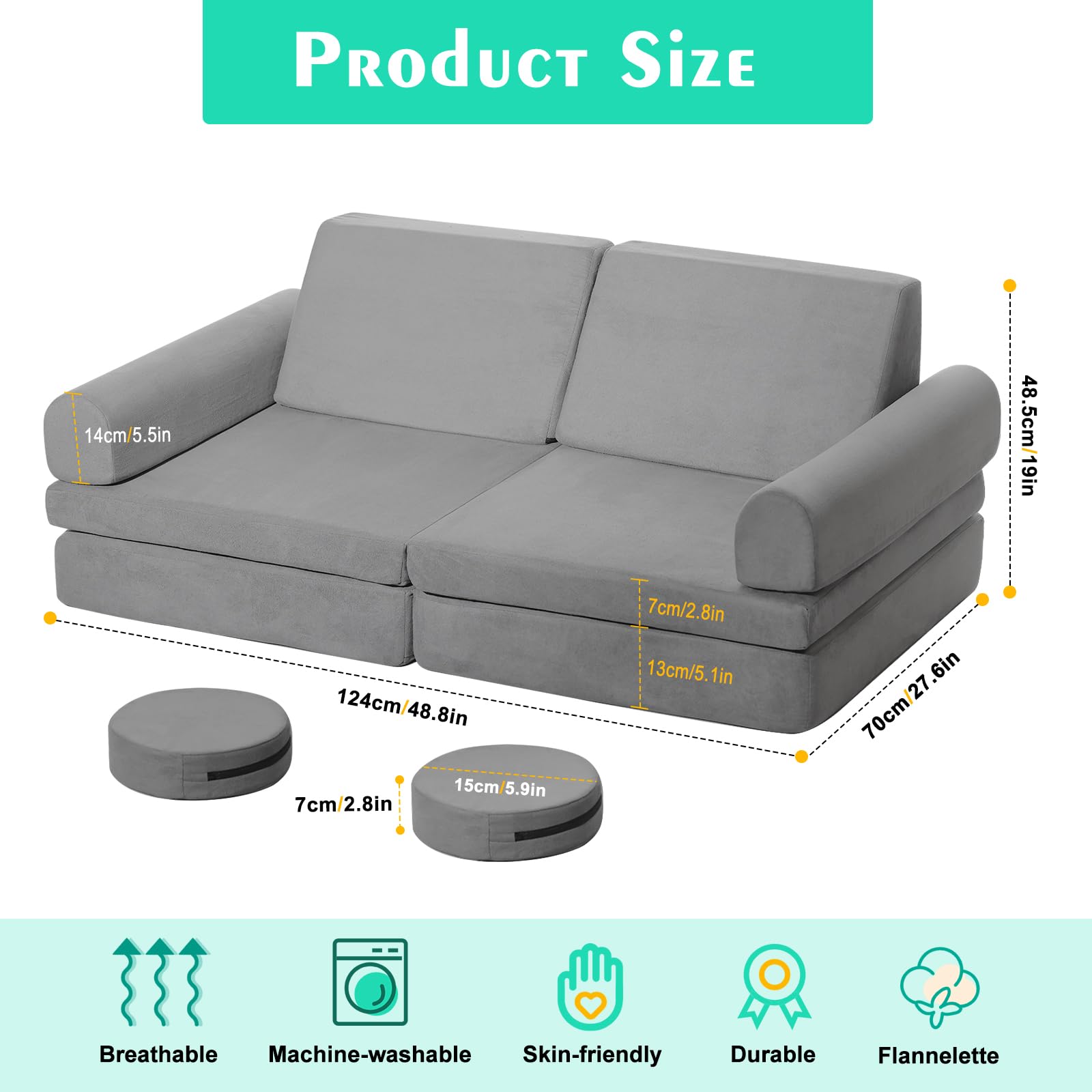 JHTOPJH Kids Couch,8-Piece Toddler Play Couch,Floor Sofa Imaginative Furniture Play Set for Bedroom Playroom,Convertible Folding Kids Sofa for Creative Kids(Grey)