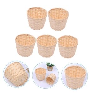 Toyvian 5pcs Woven Basket Storage Basket Woven Bucket Rattan Makeup Basket Small Wicker Baskets Flower Seagrass Belly Basket Wood Chip Basket Woven Cube Candy Bowl Wooden Doll House Round