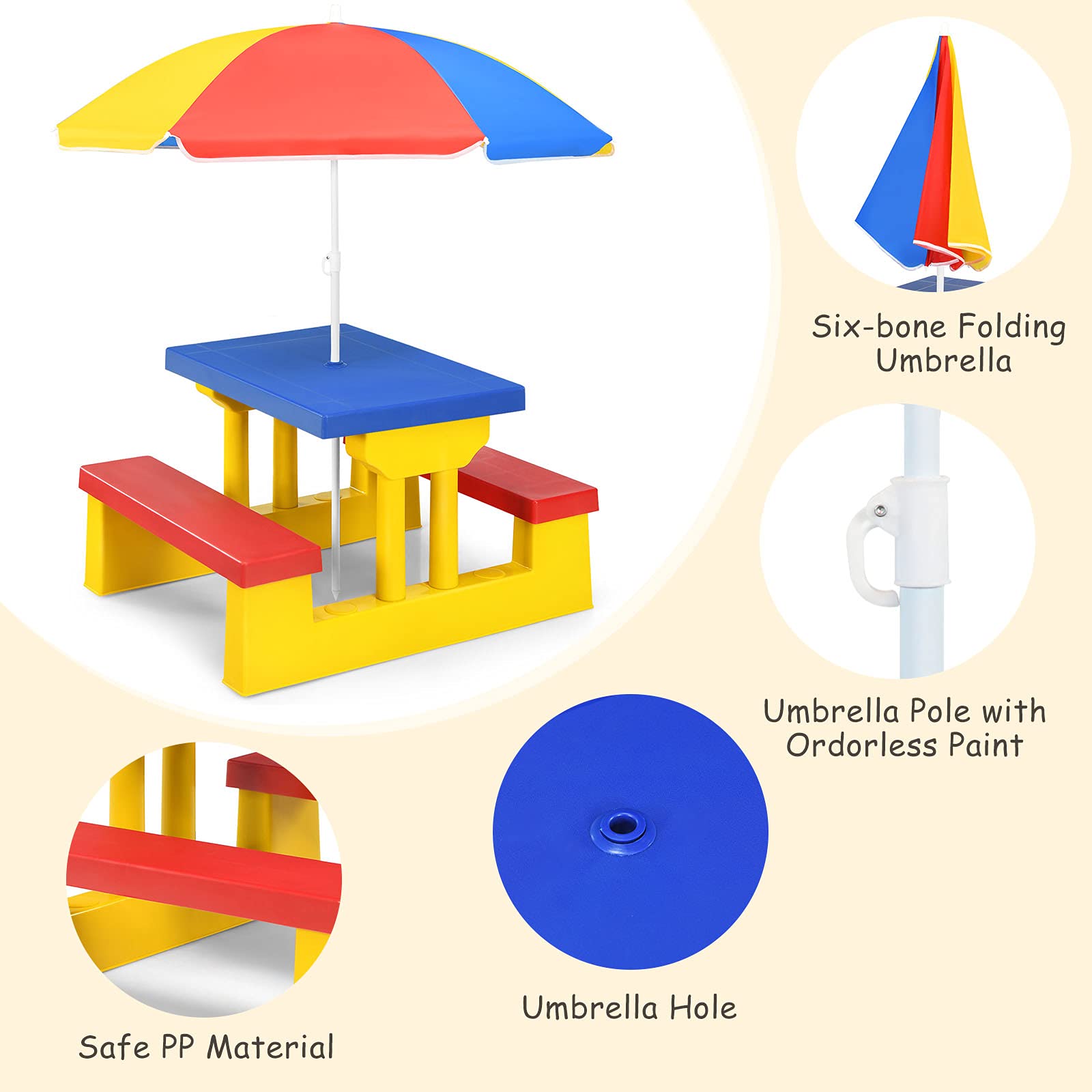 ARMILE Kids Picnic Table, Kids indoor & Outdoor Table and Bench set with Removable & Foldable Umbrella, Portable Toddler Plastic Picnic Table for Patio, Backyard, Ideal Gift for Boys Girls (Colorful)