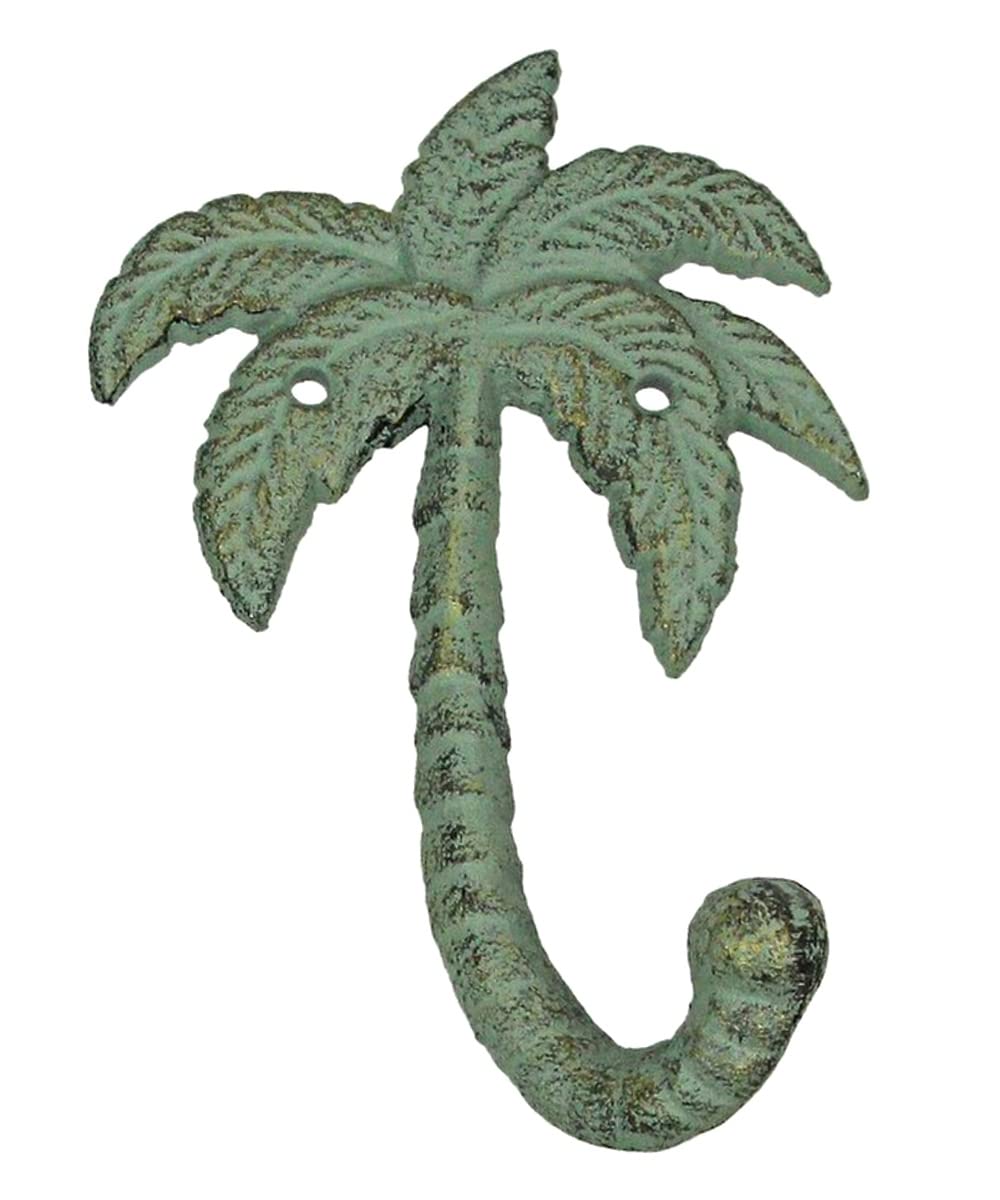 The Bridge Collection Cast Iron Palm Tree Hook for Wall - Metal Green Verdigris Indoor Outdoor Beach Wall Hooks for Coastal, Tropical Home Decor - Coat, Towel, Key Hook Tree