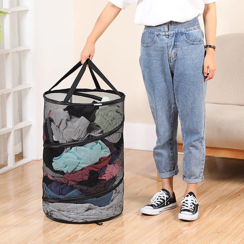 Kamuavni Pop Up Laundry Basket Round Mesh Dirty Clothes Basket Clear Net Laundry Pop Up Circular Collapsible Round Mesh Laundry Baskets 15.7 * 24inch