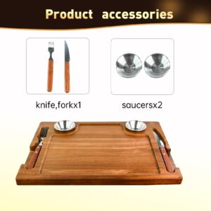 MAVOTER 2 PCS Acacia Wooden Steak Board - 15 Inches Steak Cutting Plate Board with Fork, Knife and Ramekins (2 set)