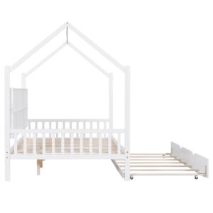 Full Kids Bed House Bed with Trundle, Kids Full Size Platform Bed Frame with Storage Shelves and Roof, Montessori Bed, Tent Bed, Wood Playhouse Bed Full for Kids Teens Girls & Boys (Full, White)