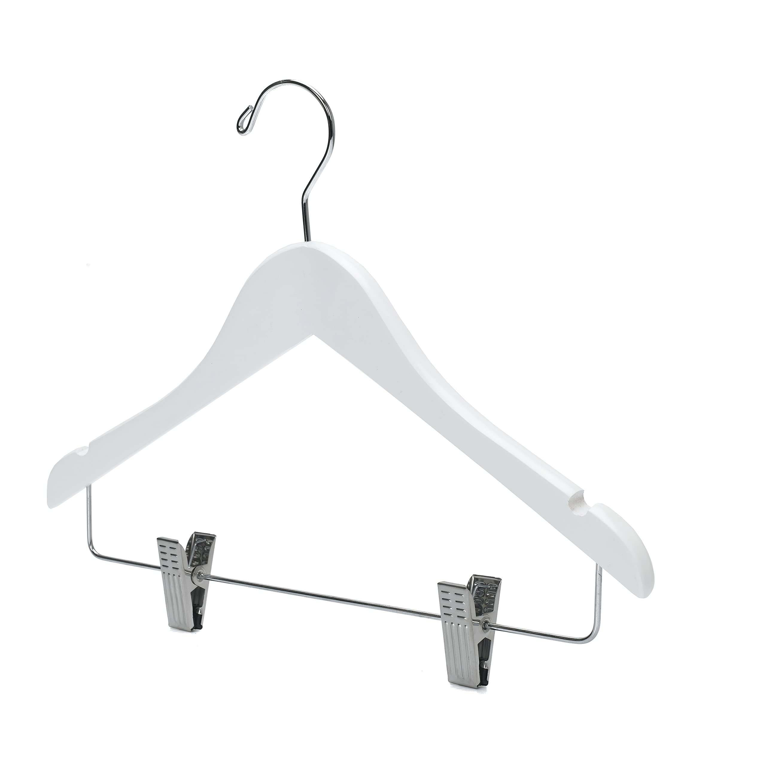 Quality Hangers 20 Pack Kids Skirt Hangers 14 Inches - Junior Preteen Youth Wooden Clothes Hanger with Curved Shoulder Swivel Chrome Hook Adjustable Metallic Clips & Nonslip Notches (White, 20)