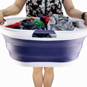 SAMMART Set of 2 Collapsible 3 Handled Plastic Laundry Basket-Oval Tub/Basket-Foldable Storage Container/Organizer-Portable Washing Tub-Space Saving Laundry Hamper (44L Oval-White/Navy Blue)