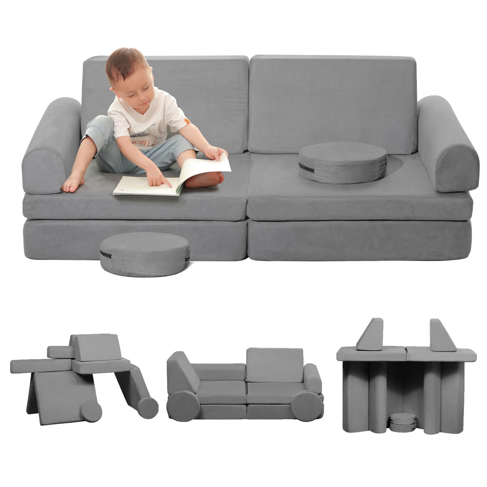 JHTOPJH Kids Couch,8-Piece Toddler Play Couch,Floor Sofa Imaginative Furniture Play Set for Bedroom Playroom,Convertible Folding Kids Sofa for Creative Kids(Grey)