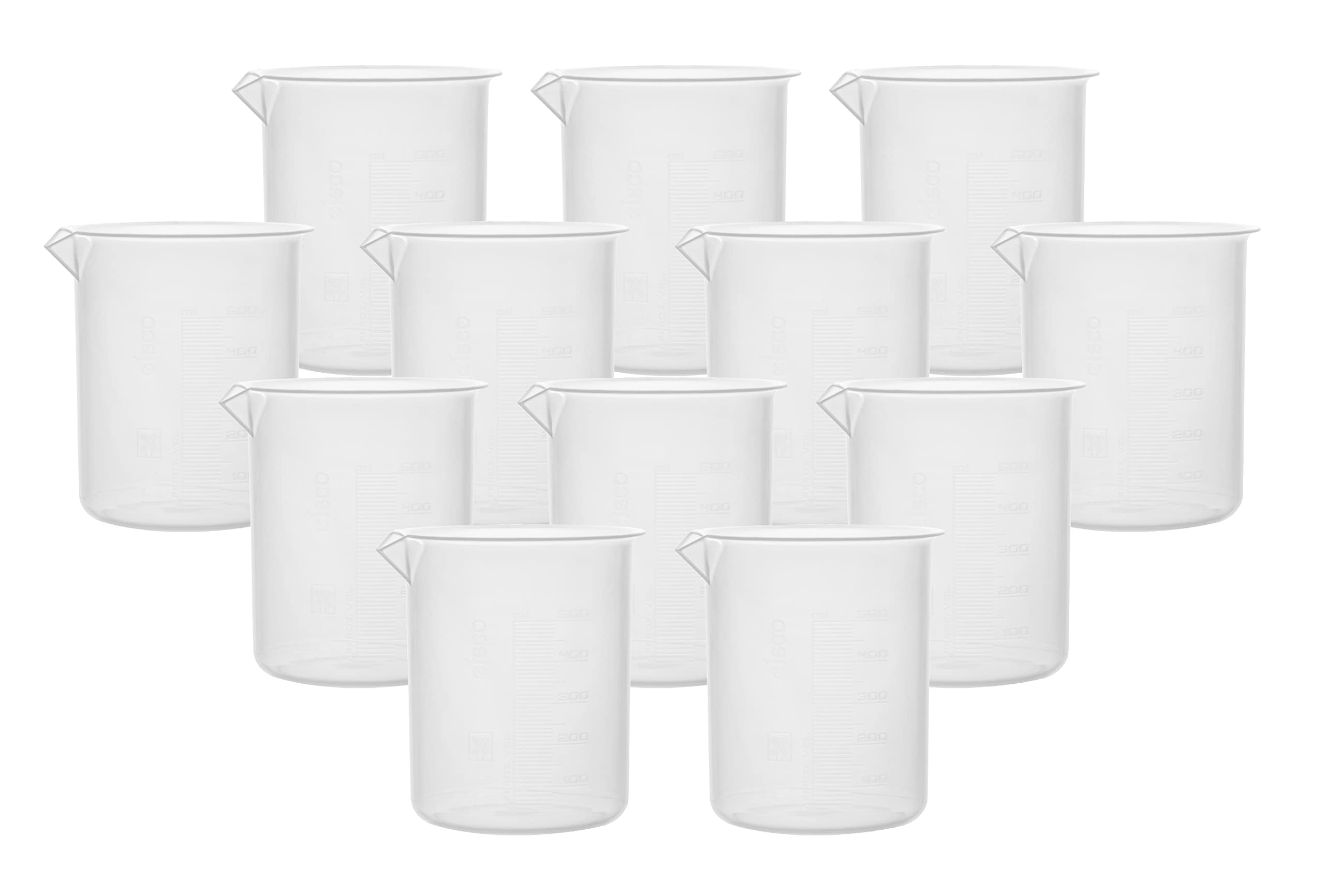 EISCO Plastic Beakers, 500mL, Pack of 12 - Low Form, Molded Graduations, Tapered Spout - Autoclavable & Microwavable Polypropylene