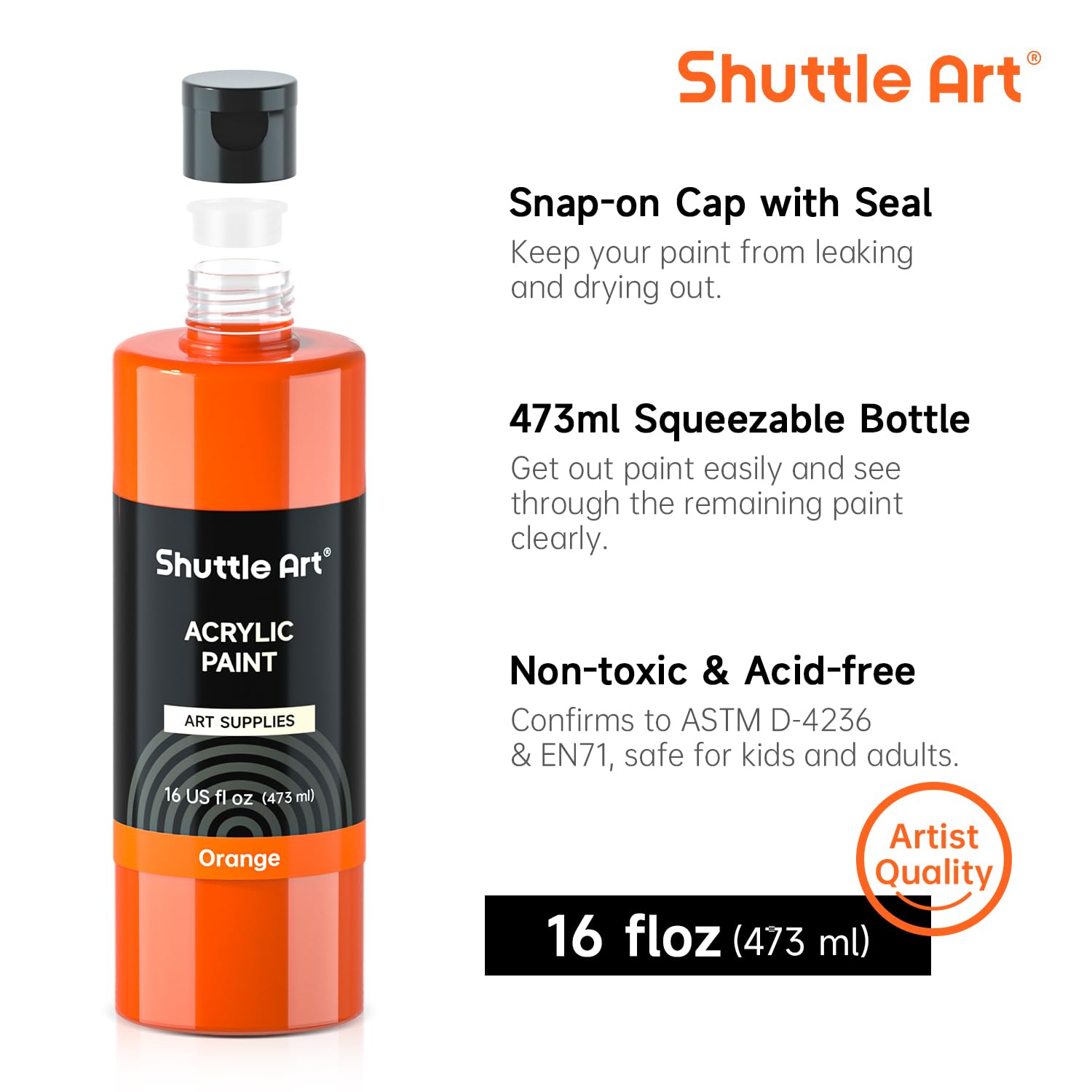 Shuttle Art Acrylic Paint, 12 Colors Acrylic Paint Large Bottle Set, 473ml/16oz Each, Rich Pigments, High Viscosity, Bulk Paint for Artists, Beginners and Kids on Rocks Crafts Canvas Wood Ceramic