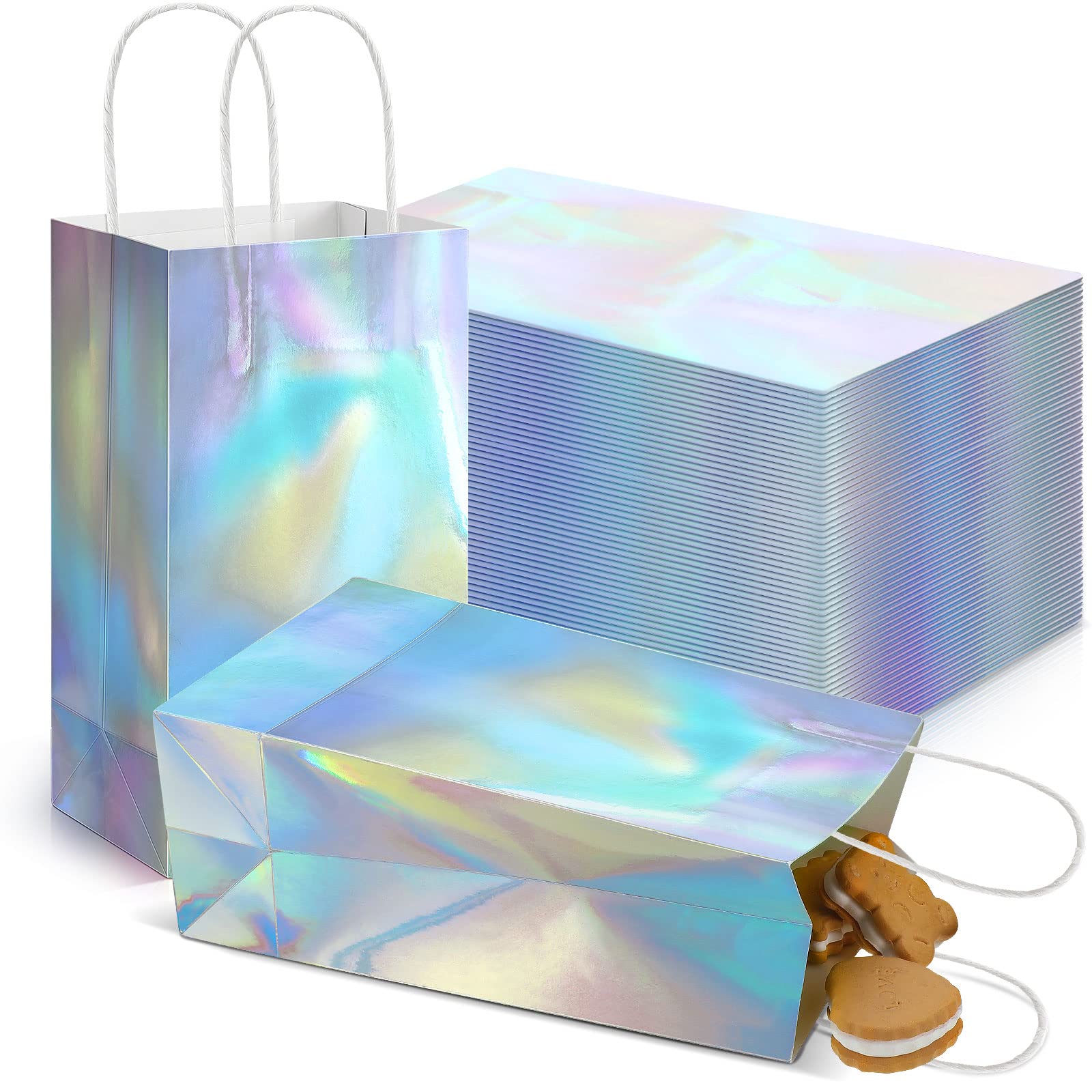 Estune Iridescent Gift Bags with Handle Holographic Party Favor Bags Glitter Foil Paper Handbag Candy Goodie Bag for Wedding Birthday Halloween Party Favor, 8.3 x 5 x 3.2 In(30 Pcs)