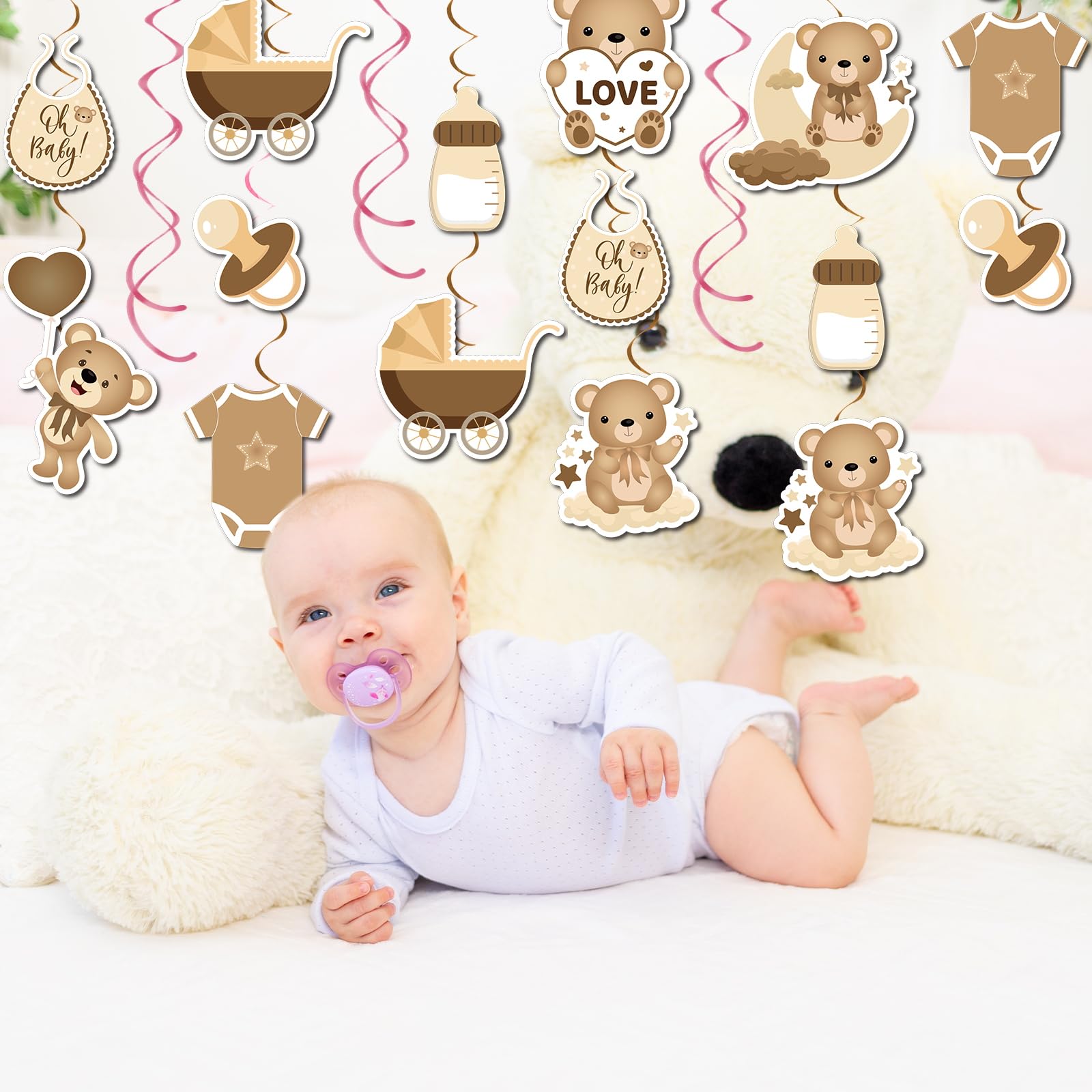 54Pcs Neutral Bear Baby Shower Party Hanging Swirls Cream Bear We Can Bearly Wait Nude Teddy Foil Ceiling Swirls Decor Boho Brown Bear Kids Birthday Gender Reveal Wedding Bridal Shower Party Supplies