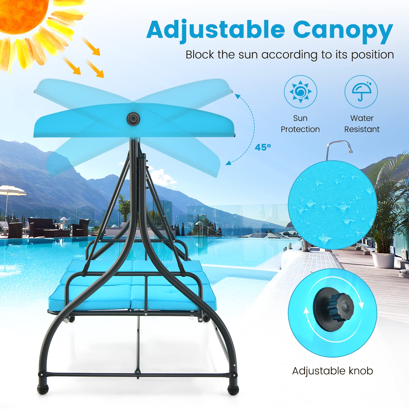 Tangkula 3 Person Porch Swing, 2-in-1 Convertible Patio Swing Bed with Removable Cushions, Solid Steel Structure, Outdoor Swing with Adjustable Canopy for Backyard, Balcony, Poolside (Turquoise)