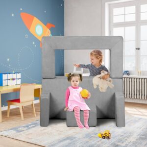 JHTOPJH Kids Couch,4-Piece Fold Out Toddler Play Couch,Floor Sofa Imaginative Furniture Play Set for Bedroom Playroom,Convertible Folding Kids Sofa for Creative Kids(Grey)