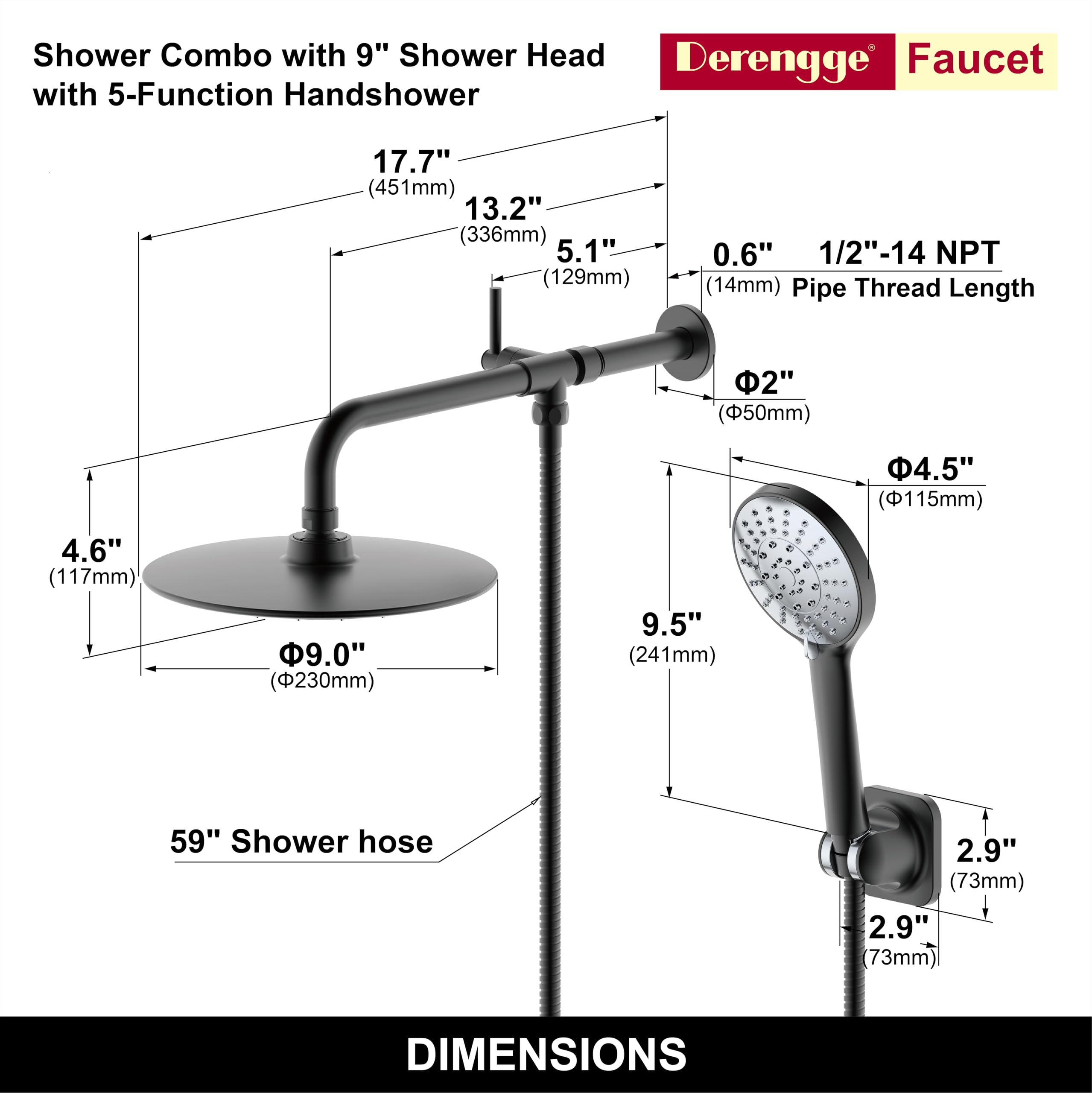 Derengge Shower combo,9 Inch Shower Head and Handheld Shower with Diverter Shower Arm,Matte Black Finished,SCA-0288-MT