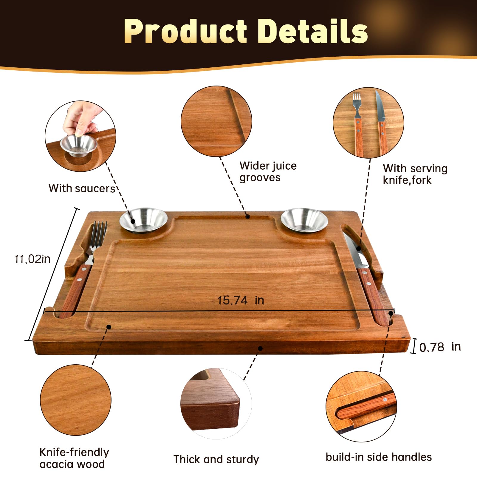 MAVOTER 2 PCS Acacia Wooden Steak Board - 15 Inches Steak Cutting Plate Board with Fork, Knife and Ramekins (2 set)