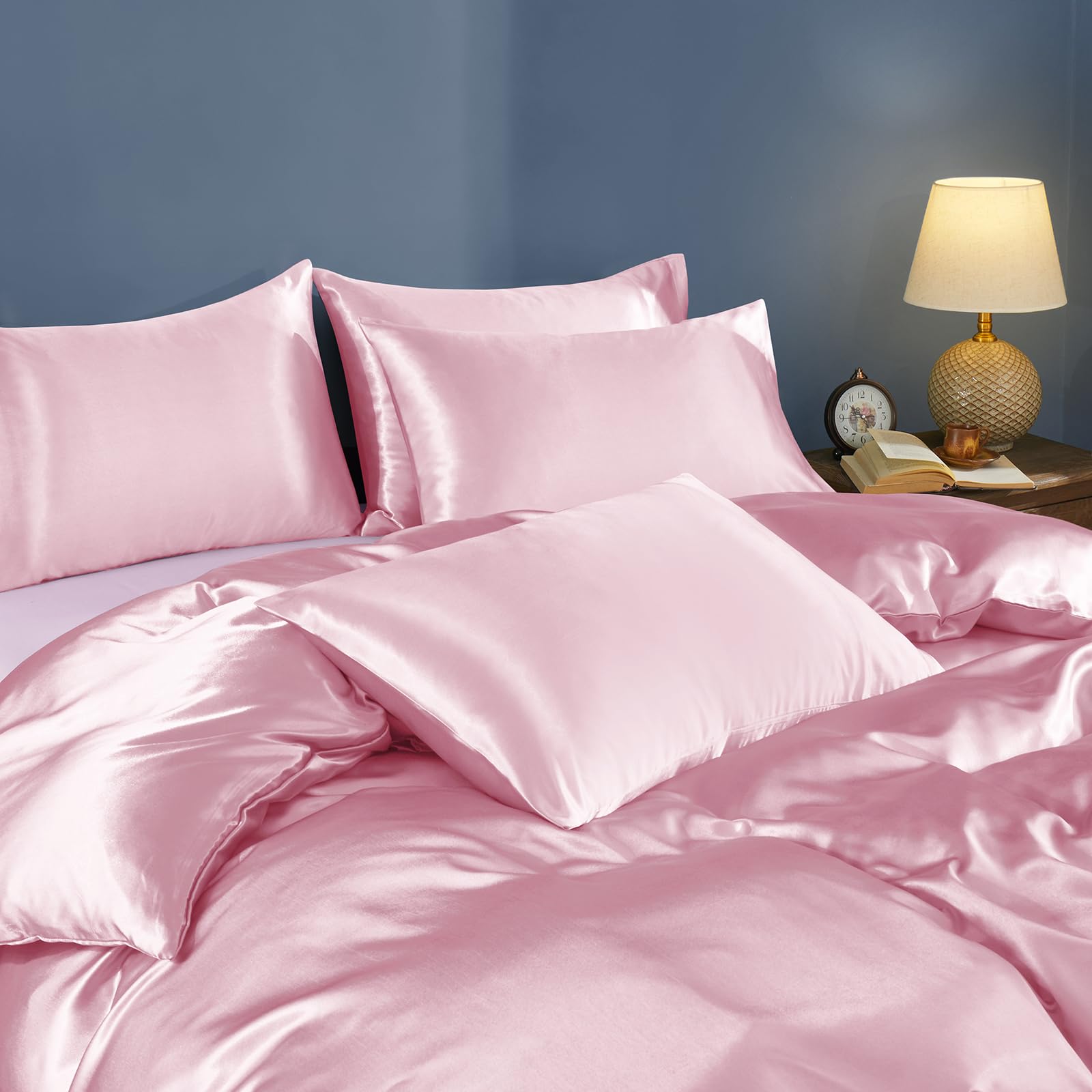 Horbaunal 5 Pieces Satin Duvet Cover Set Queen/Full Size Blush Pink Duvet Cover with Corner Ties & Zipper Closure, Luxury & Silky Bedding Set, 1 Duvet Cover and 4 Pillowcases (No Comforter)