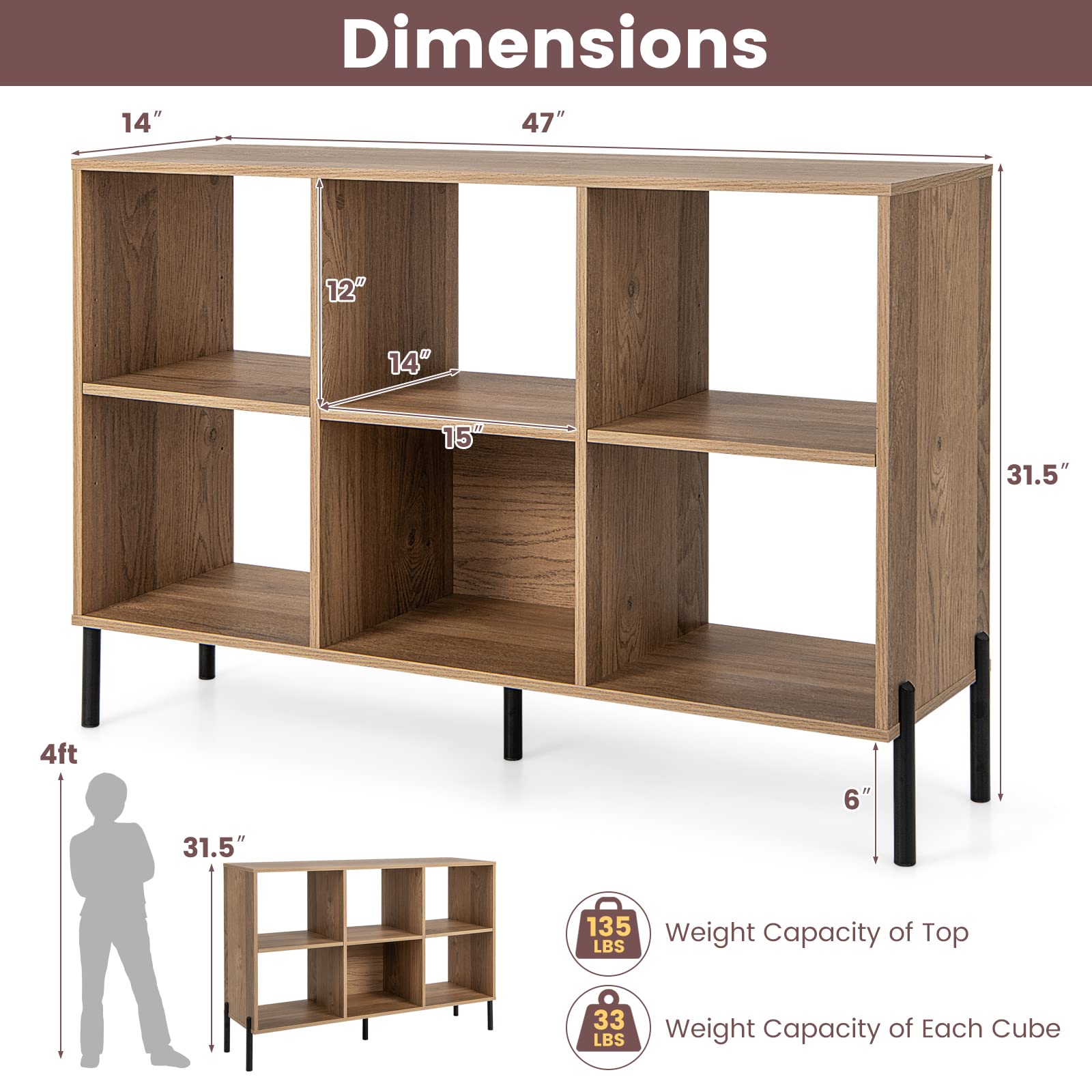 Giantex 6 Cube Bookcase, 3-Tier 47" Long Wood Bookshelf w/ 5 Metal Legs, Adjustable Shelf, Anti-toppling Device, 31.5" Tall Floor Open Shelf Bookcase, Freestanding Wooden Cube Storage Shelves