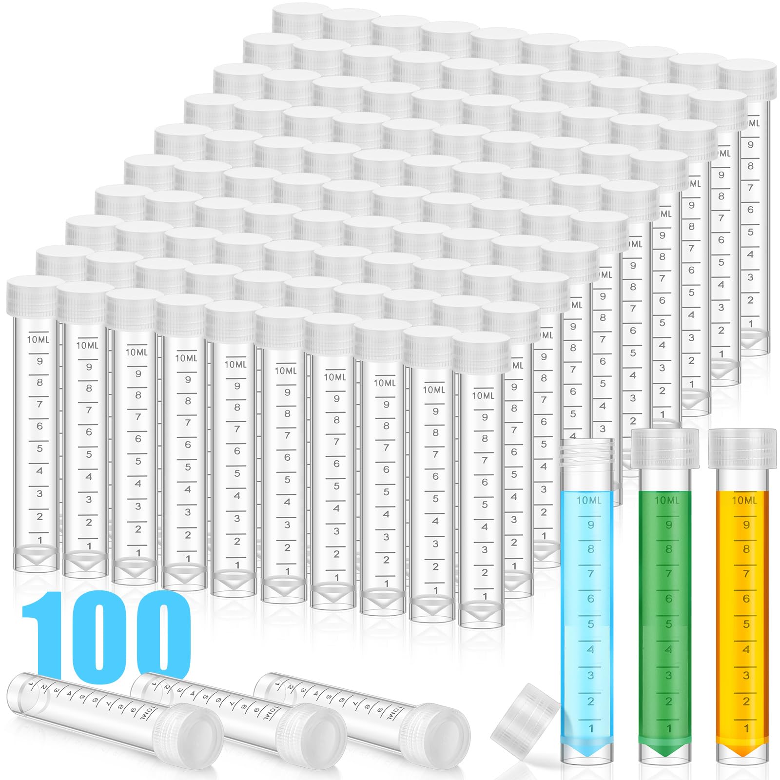 Kanayu 100 Pcs 10ml Plastic Test Tubes with Lids Vial Seal Cap Container Small Storage Tubes with Caps Clear Test Lab Tubes with Silicone Sealing Ring for Science Experiments Sample Water Liquid