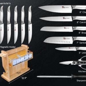 SYOKAMI Kitchen Knife Set, 14 Pieces Japanese Style Knife Block Set with Magnetic Holder, High Carbon Stainless Steel Ultra Sharp Knives for kitchen with Ergonomic Handle and Sharpener, Black Dot