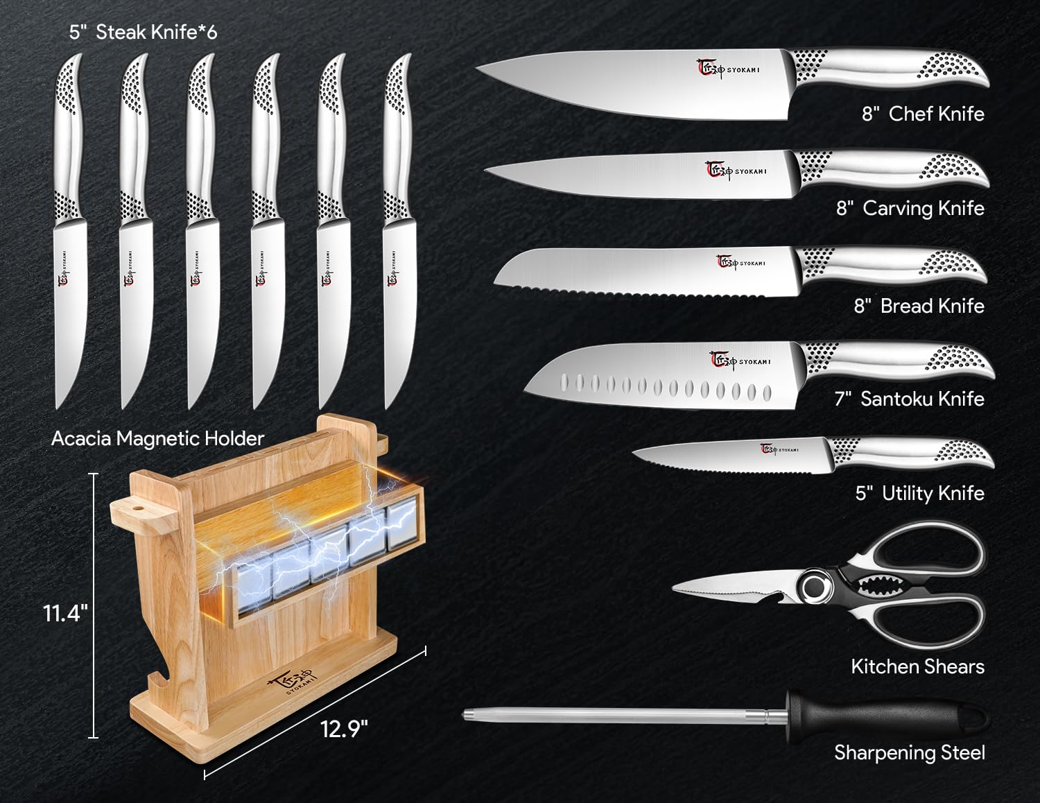 SYOKAMI Kitchen Knife Set, 14 Pieces Japanese Style Knife Block Set with Magnetic Holder, High Carbon Stainless Steel Ultra Sharp Knives for kitchen with Ergonomic Handle and Sharpener, Black Dot