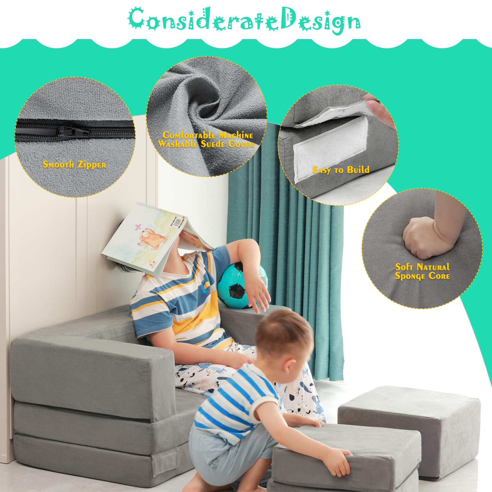 JHTOPJH Kids Couch,4-Piece Fold Out Toddler Play Couch,Floor Sofa Imaginative Furniture Play Set for Bedroom Playroom,Convertible Folding Kids Sofa for Creative Kids(Grey)