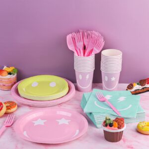 durony 144 Pieces Preppy Smile Face Party Tableware Set Party Decorations Include Smile Face Paper Plates Napkins Cups and Forks for Preppy Birthday Party Baby Shower Decor, Serve 24 Guest