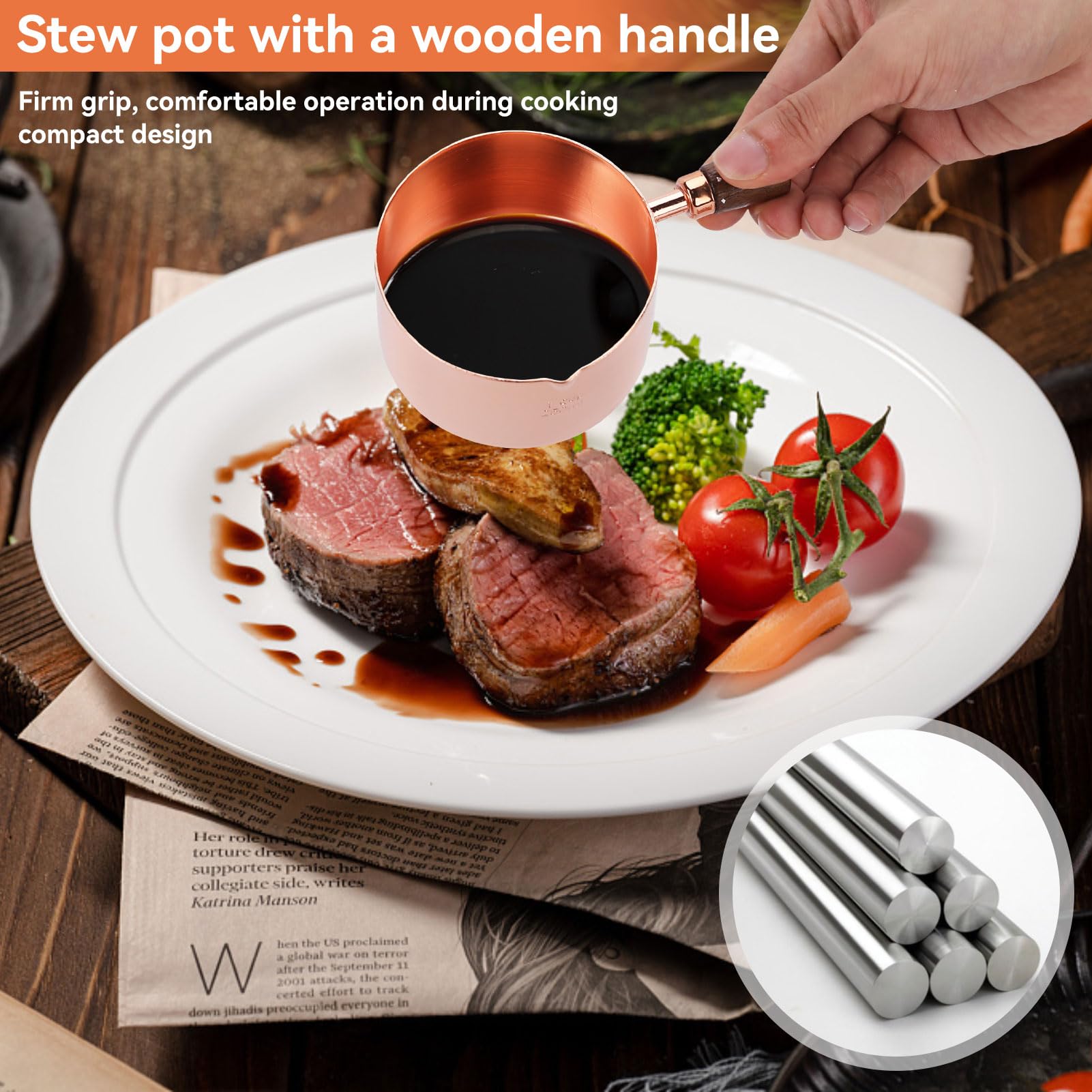 Small Saucepan with Pour Spout, 2PCS 5in Nonstick Sauce Pan with Wood Handle Stainless Steel Saucepan Pot Mini Saucepan Sauce Pot Milk Pot Soup Pan Tea Pan Induction Saucepan Small Pot for Home