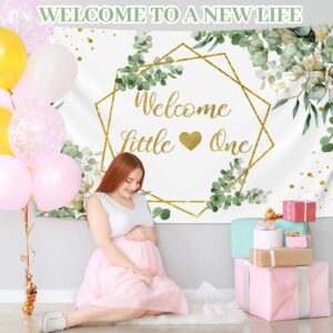 Newwiee 7 x 5 ft Greenery Baby Shower Theme Backdrop for Neutral Welcome Little One Photography Background Glitter Gold Lines Baby Shower Theme Photo Props for Gender Reveal Party