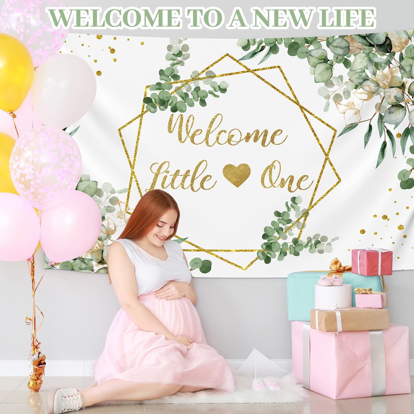 Newwiee 7 x 5 ft Greenery Baby Shower Theme Backdrop for Neutral Welcome Little One Photography Background Glitter Gold Lines Baby Shower Theme Photo Props for Gender Reveal Party