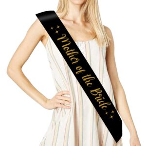 Mother of the Bride Sash - Black & Gold Wedding Sashes | Bridal Shower Bridesmaids Set Ceremony Decorations Groom Women Supplies Tribe Favors Gifts Wedding Party Accessories Brides Gift Favor Decor