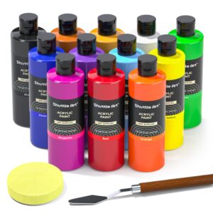 shuttle art acrylic paint, 12 colors acrylic paint large bottle set, 473ml/16oz each, rich pigments, high viscosity, bulk paint for artists, beginners and kids on rocks crafts canvas wood ceramic