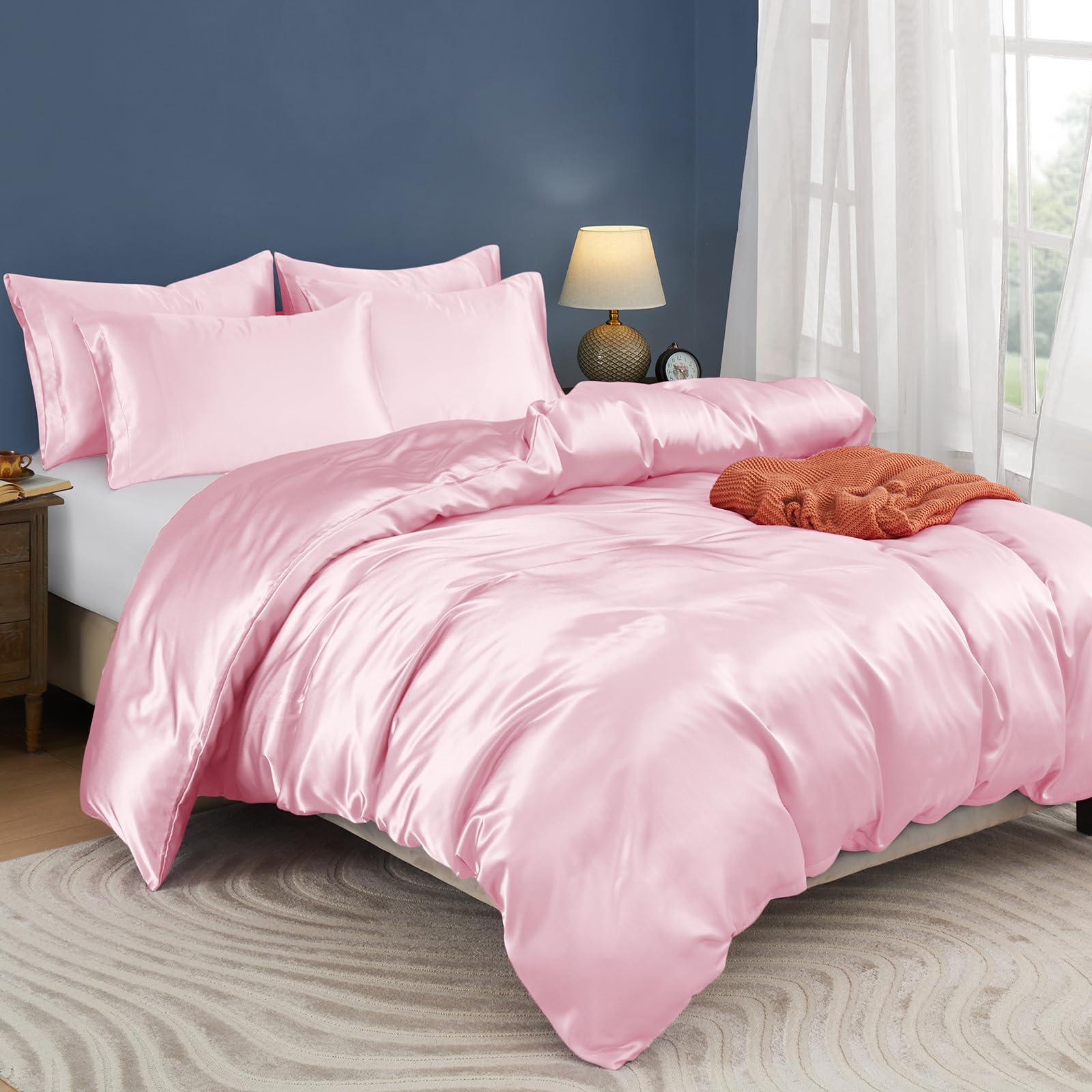 Horbaunal 5 Pieces Satin Duvet Cover Set Queen/Full Size Blush Pink Duvet Cover with Corner Ties & Zipper Closure, Luxury & Silky Bedding Set, 1 Duvet Cover and 4 Pillowcases (No Comforter)