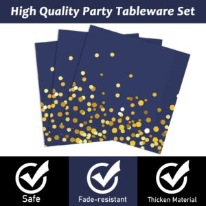 96 Pcs Blue and Gold Party Plates Napkins Tableware Set Navy Gold Dot Supplies Disposable Dinnerware Blue Birthday Party Decoration Favors for Wedding Bridal Baby Shower Graduations Party, 24 Guests