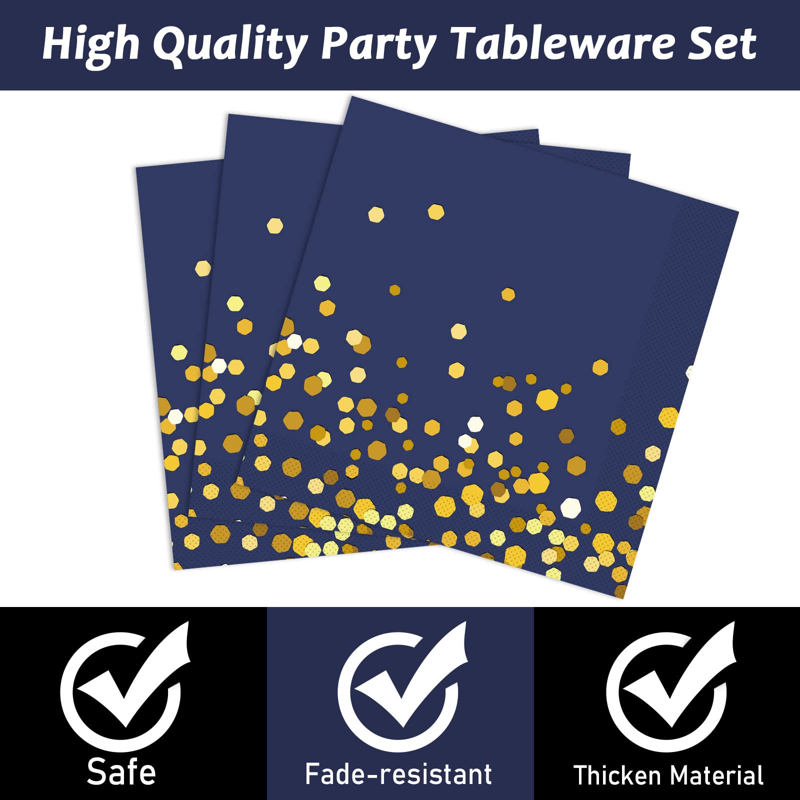 96 Pcs Blue and Gold Party Plates Napkins Tableware Set Navy Gold Dot Supplies Disposable Dinnerware Blue Birthday Party Decoration Favors for Wedding Bridal Baby Shower Graduations Party, 24 Guests