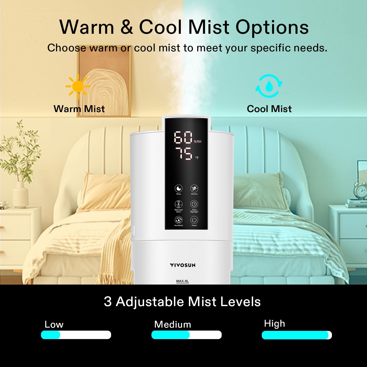 VIVOSUN 9L Air Humidifier, 2-in-1 Top Fill Cool & Warm Mist Humidifier, Indoor Ultrasonic Humidifier with Essential Oil Box & Remote Control for Bedrooms, Offices, Plants, Babies