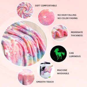 GOSALISU Glow in The Dark Blanket Unicorns, 50 x60 inch Luminous Blanket for 3 4 5 6 7 8 9 10 Year Old Girl Boy Gifts, Flannel Kids Throw Blanket for Christmas Birthday