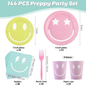 durony 144 Pieces Preppy Smile Face Party Tableware Set Party Decorations Include Smile Face Paper Plates Napkins Cups and Forks for Preppy Birthday Party Baby Shower Decor, Serve 24 Guest