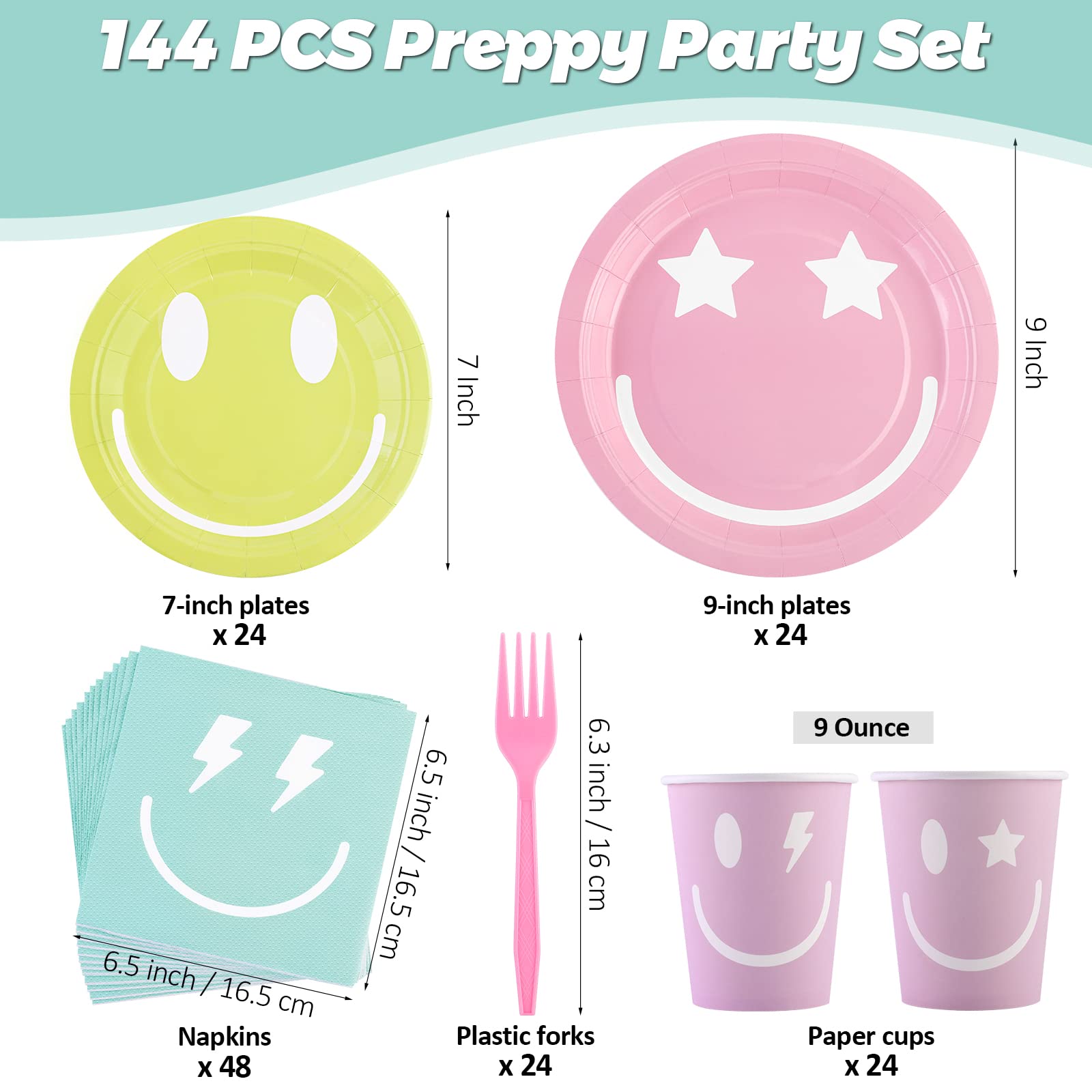 durony 144 Pieces Preppy Smile Face Party Tableware Set Party Decorations Include Smile Face Paper Plates Napkins Cups and Forks for Preppy Birthday Party Baby Shower Decor, Serve 24 Guest