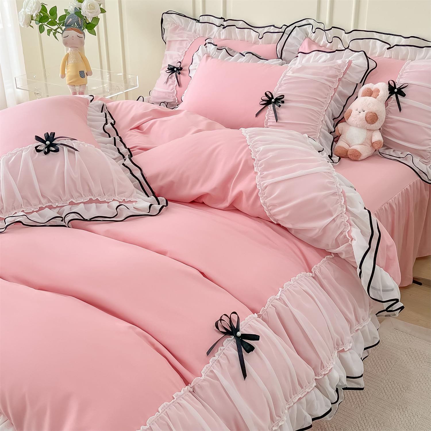 IHOUSTRIY Pink Duvet Cover Queen Size, Ruffle Beddding Set with Bowtie, 3 Pieces Comforter Cover Set with Zipper Closure, Girl Bedding with Pillowcase - Light Pink, Queen