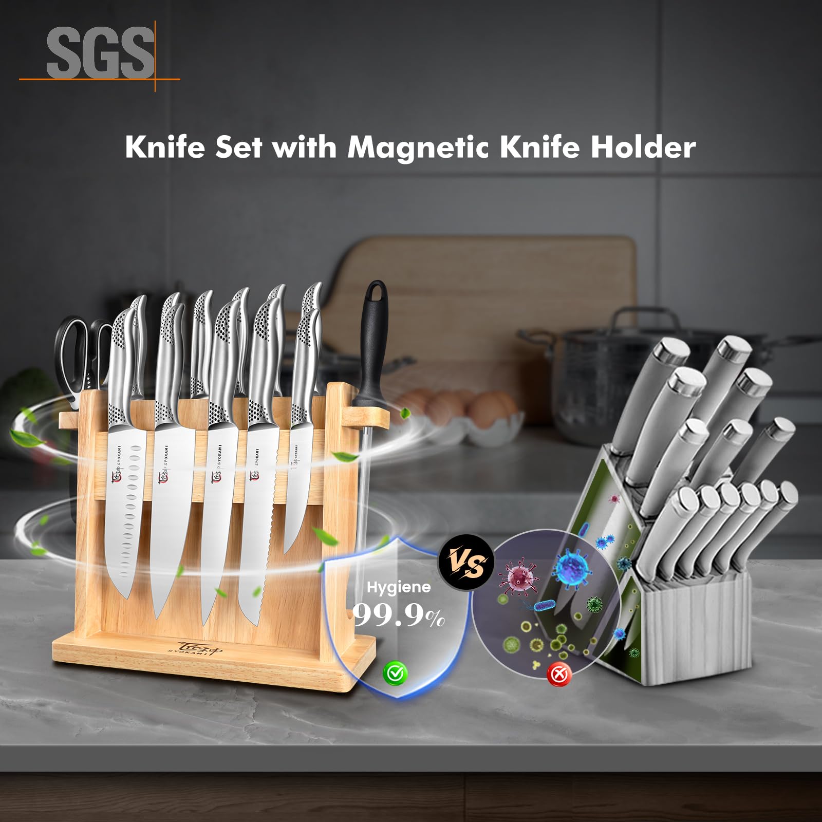 SYOKAMI Kitchen Knife Set, 14 Pieces Japanese Style Knife Block Set with Magnetic Holder, High Carbon Stainless Steel Ultra Sharp Knives for kitchen with Ergonomic Handle and Sharpener, Black Dot