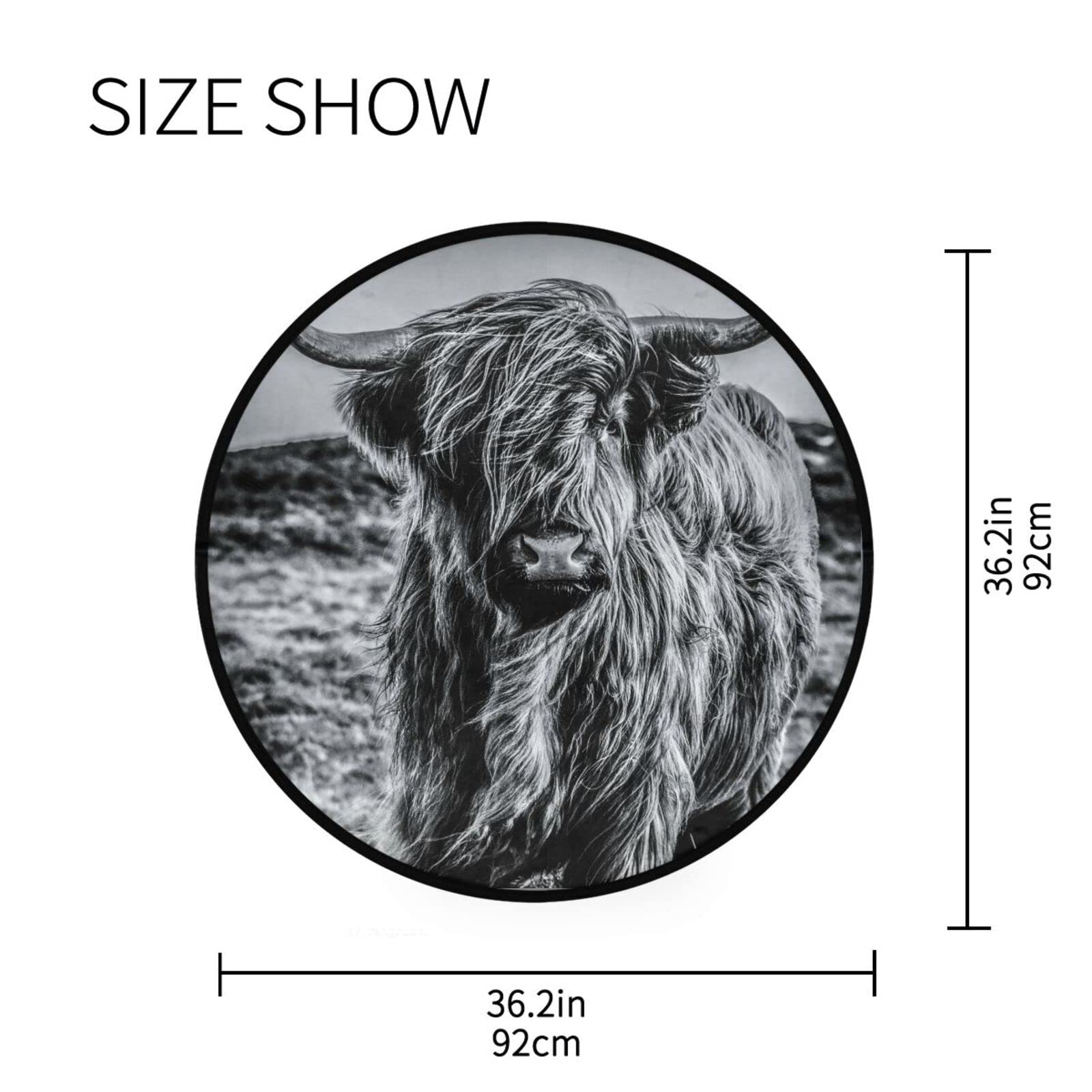 Highland Cattle Cow Area Rug Round 3 ft Washable for Bedroom Living Room Scottish Meadow Animal Circle Rug Mat Non Slip Carpet Decor Floor Mat for Bathroom Kitchen Dorm