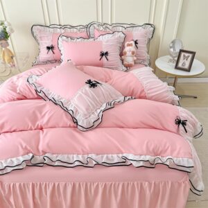 IHOUSTRIY Pink Duvet Cover Queen Size, Ruffle Beddding Set with Bowtie, 3 Pieces Comforter Cover Set with Zipper Closure, Girl Bedding with Pillowcase - Light Pink, Queen